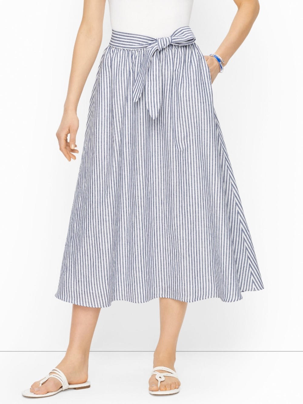 Talbots Blue and White Stripe Candy Stripe Tie Waist Midi Skirt